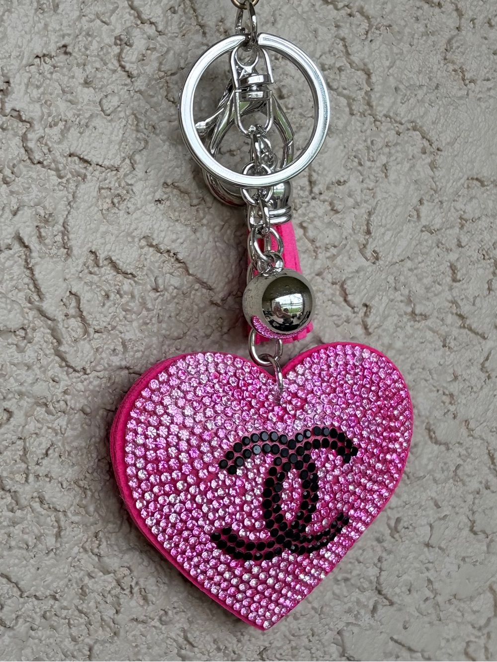 Vibrant Pink Crystal Heart Keychain with Black Monogram - Picture 2 of 6